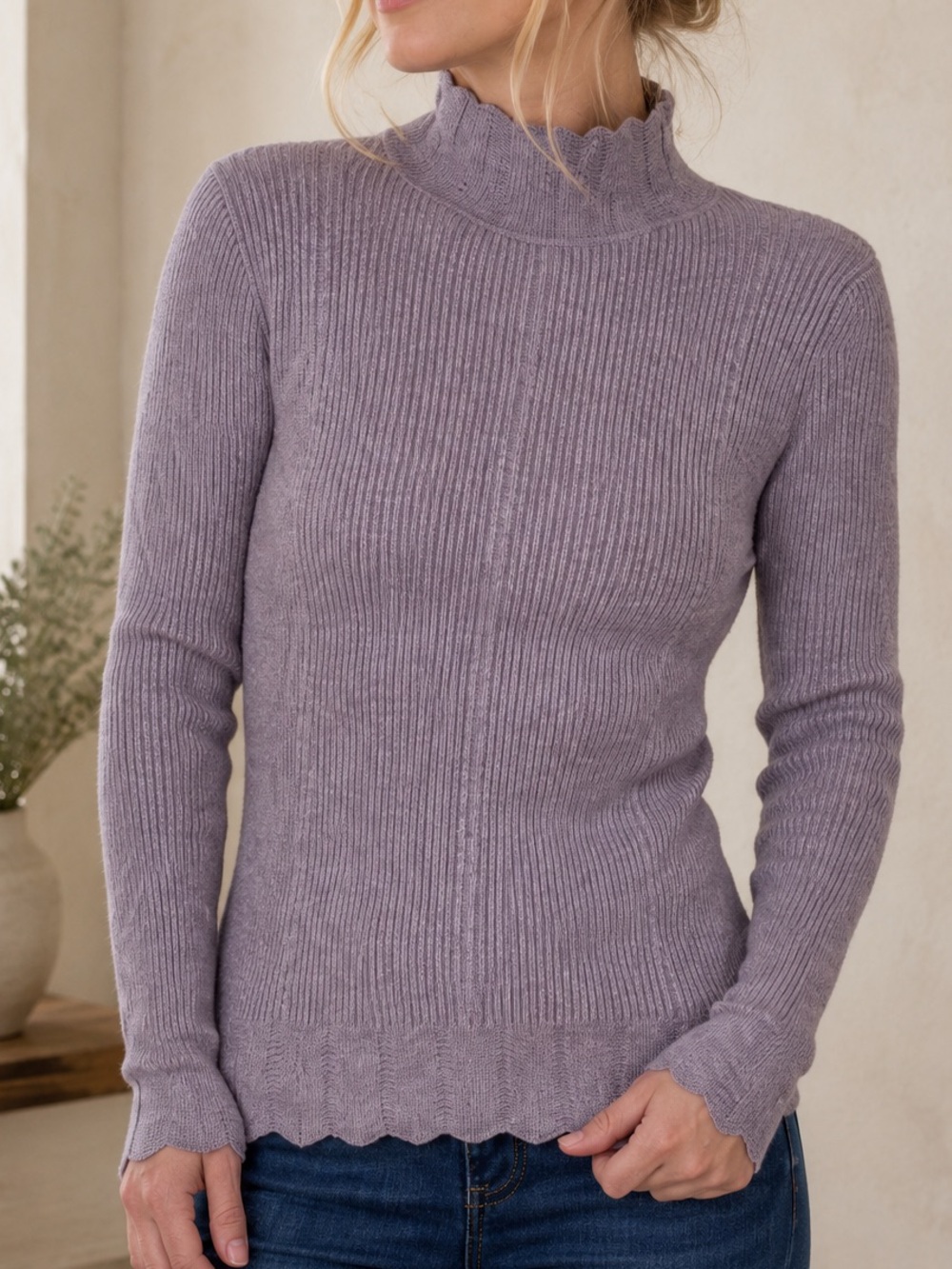 Women’s Wool Blend Vila Milano Lavender Scallop Turtleneck Knit Sweater Cozy
